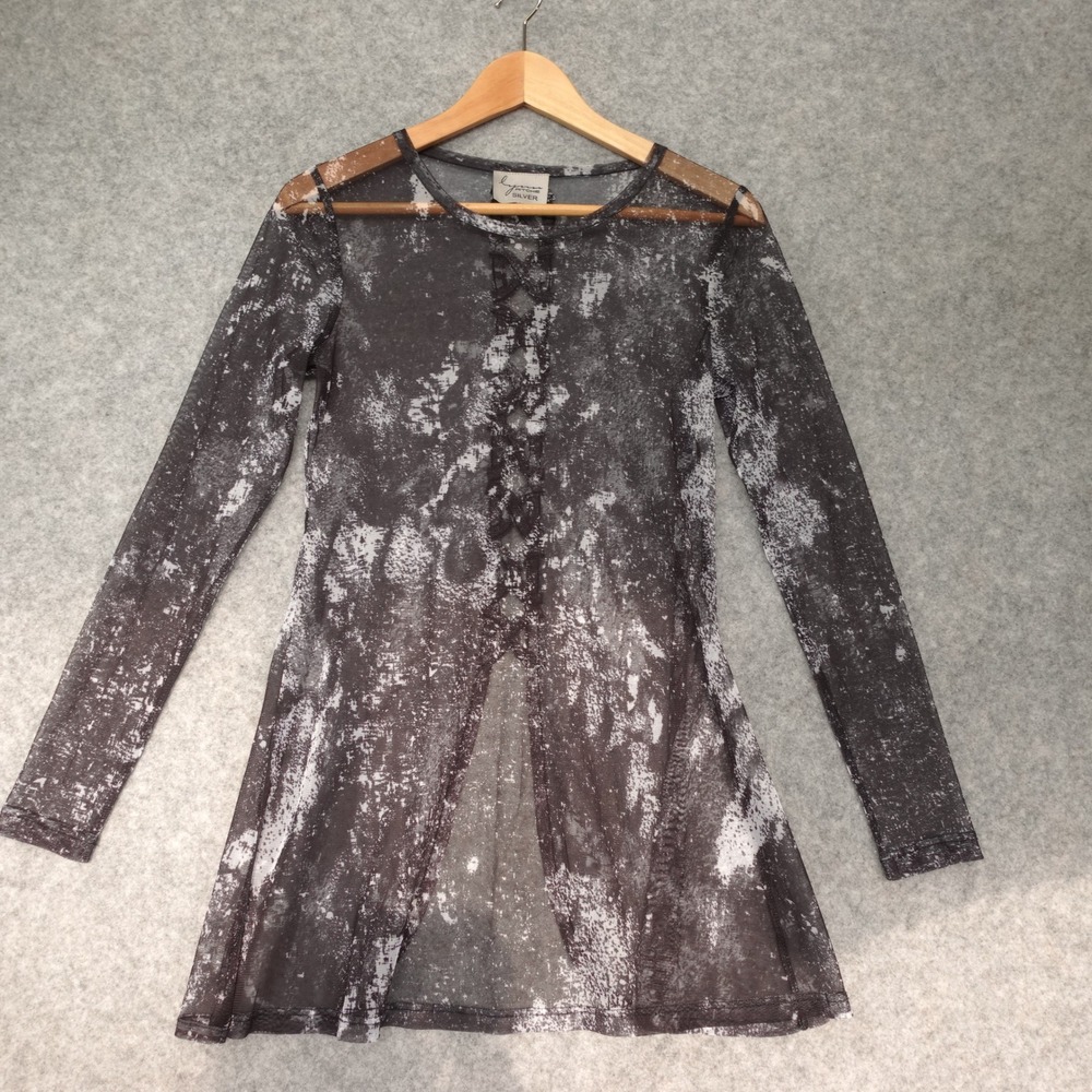 Y2K Fairy Grunge Tunic Top Womens XS Black Sheer Cover Up LYNN RITCHIE Silver